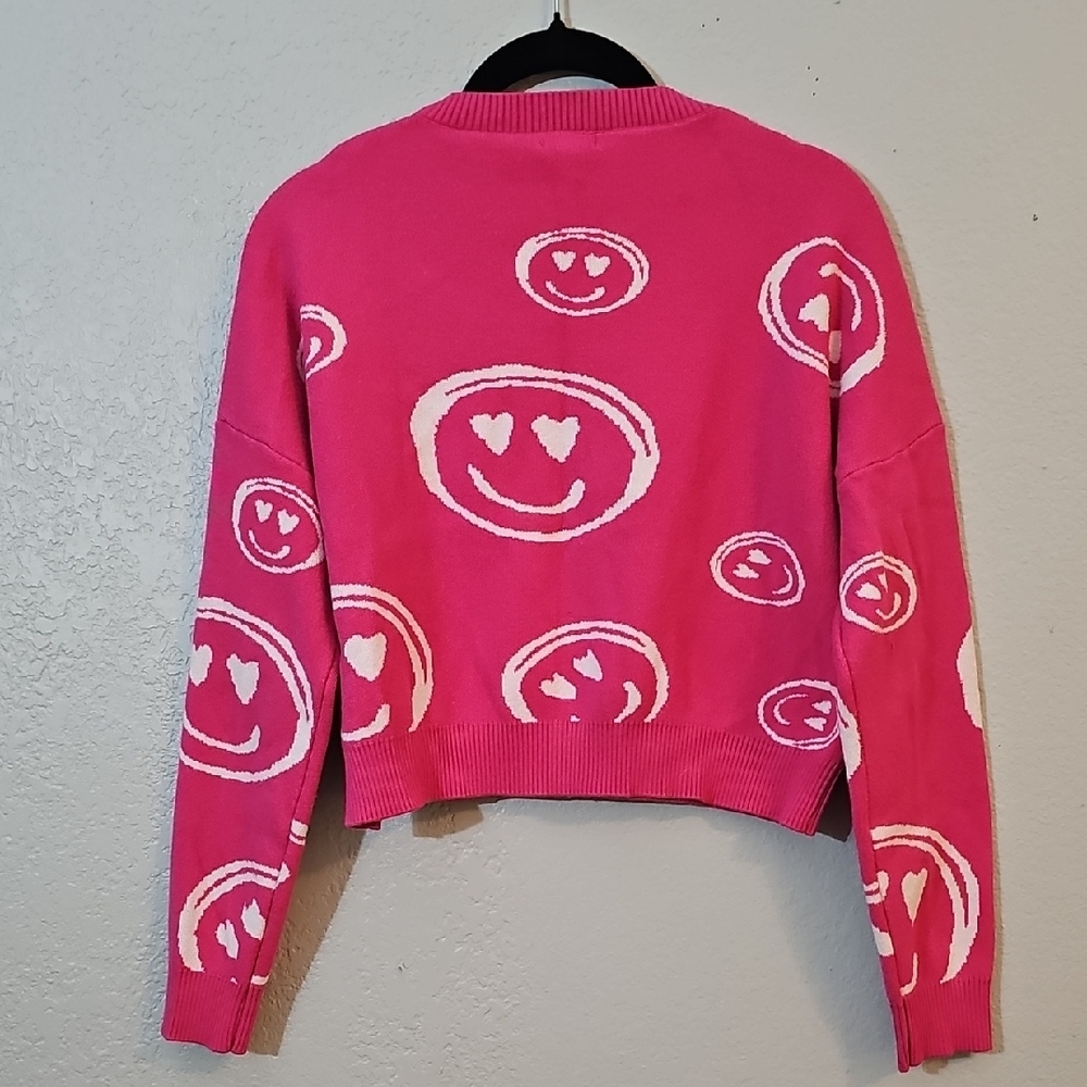 Debut Smiley Face Sweater, Hot Pink, Cropped, Womens Medium - Picture 3 of 4